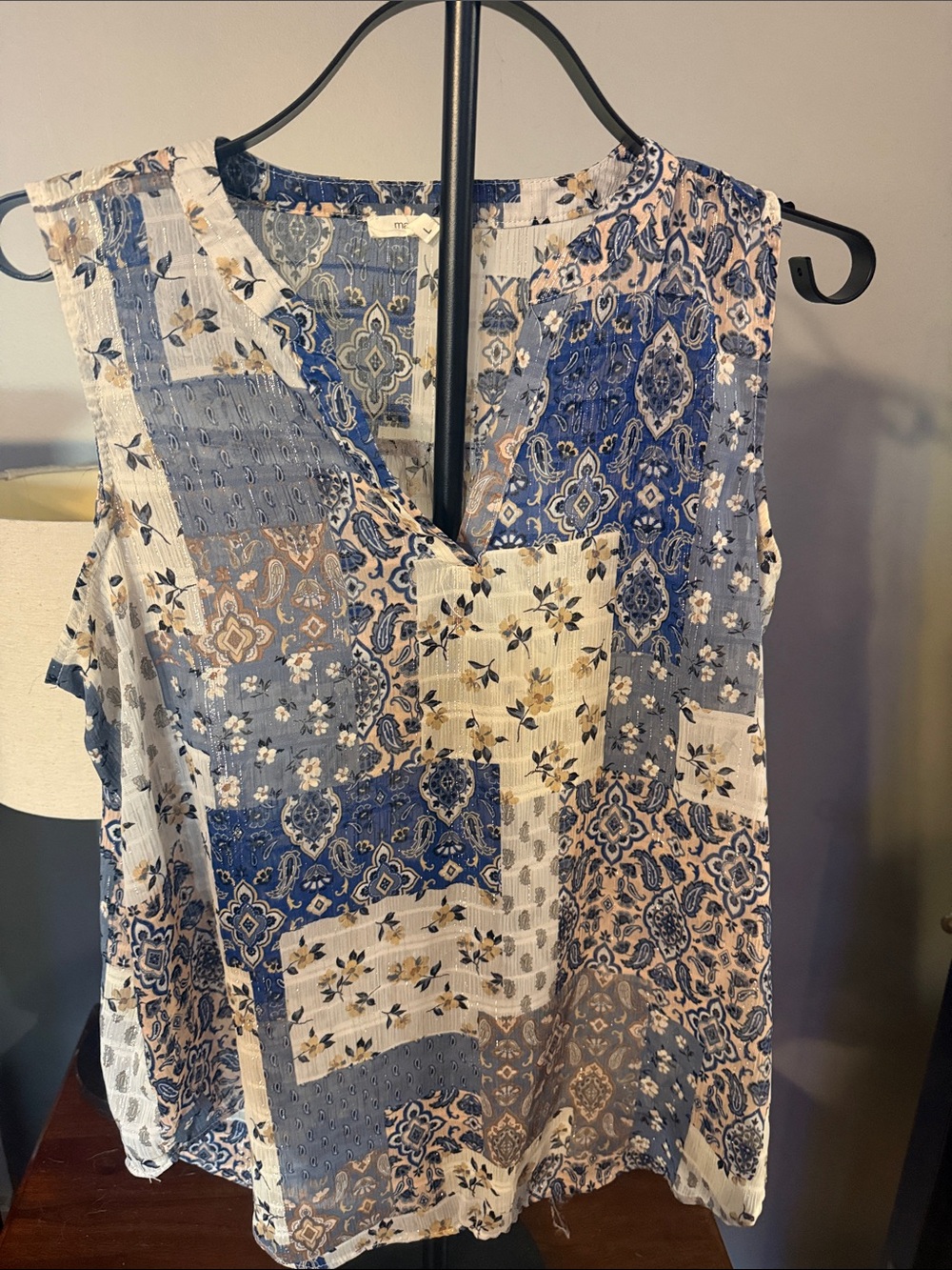 Maurices Blue & Cream Patchwork V-Neck Sleeveless Camisole